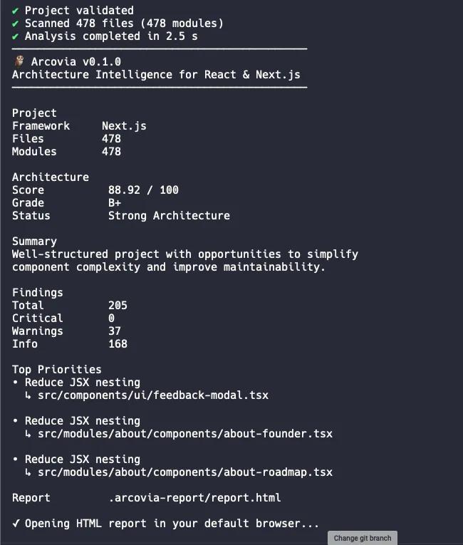 Example Arcovia terminal output showing project validation, architecture score, findings, and generated report path